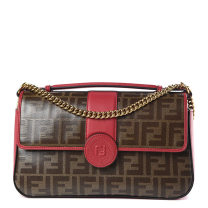 Fendi Vitello Grace Glazed Fabric FF 1974 Double F Shoulder Bag Fragola Mogano Panna 1 of 10