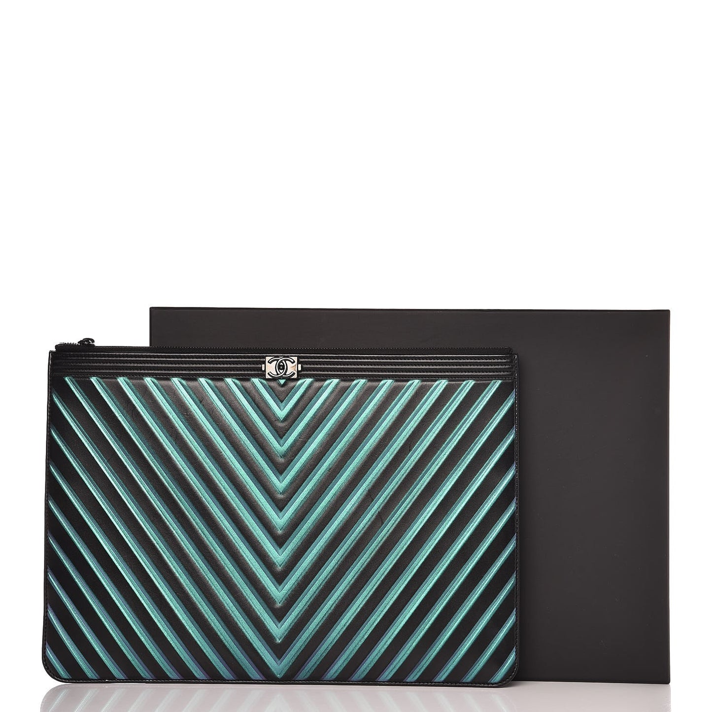 Calfskin Painted Chevron Embossed Large Boy Zip Pouch Black