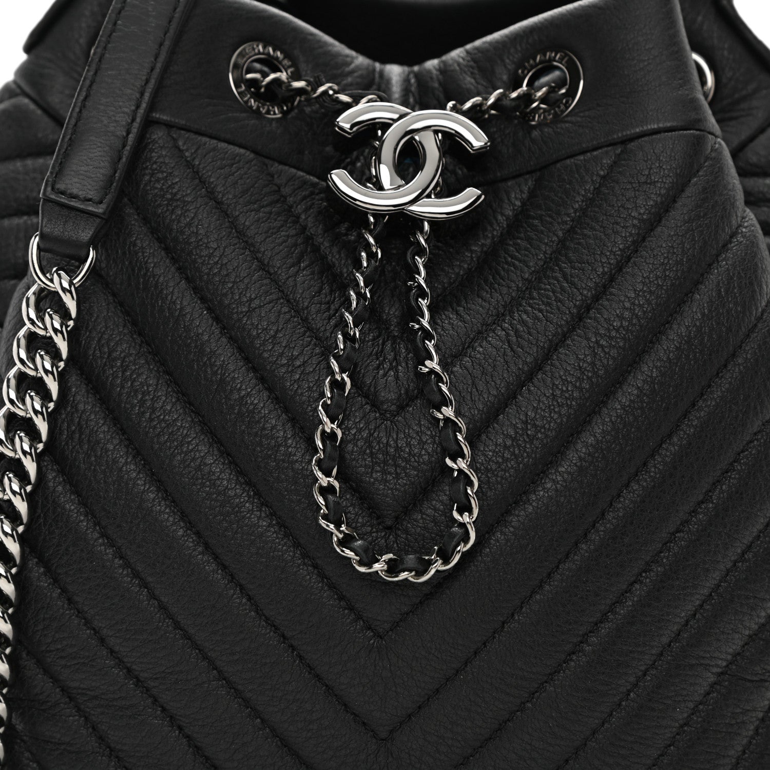 Chanel Deerskin Chevron Small CC Chain Bucket Drawstring Bag Black 7 of 10