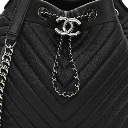 Chanel Deerskin Chevron Small CC Chain Bucket Drawstring Bag Black 7 of 10