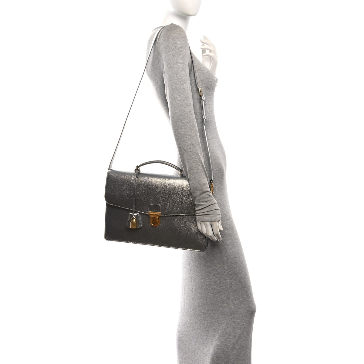 Grained Calfskin Cartable Medium Briefcase Silver
