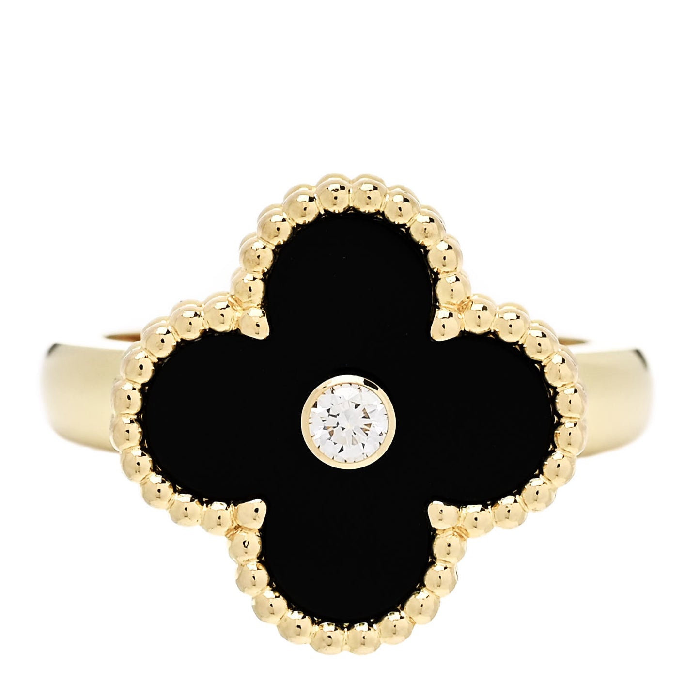 18K Yellow Gold Diamond Black Onyx Vintage Alhambra Ring 50 5.5