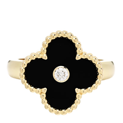 Van Cleef & Arpels 18K Yellow Gold Diamond Black Onyx Vintage Alhambra Ring 50 5.5 1 of 6