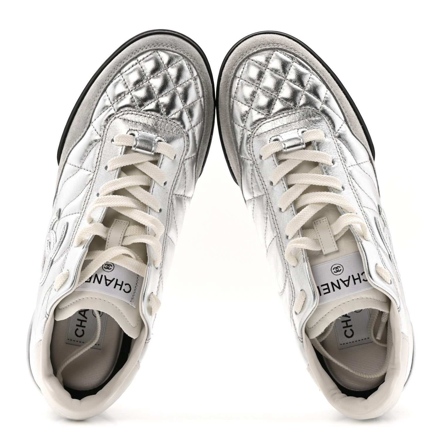 Chanel Laminated Calfskin Suede Quilted Womens CC Sneakers 38 Silver White Gray 5 of 10