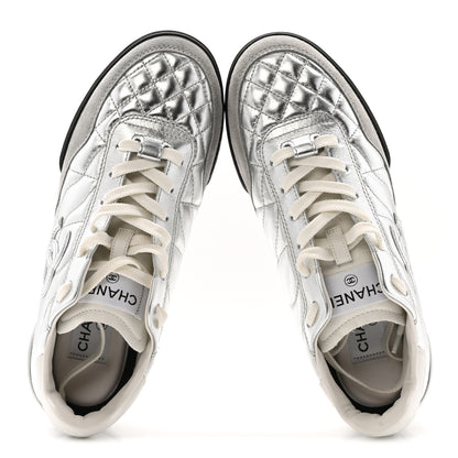 Chanel Laminated Calfskin Suede Quilted Womens CC Sneakers 38 Silver White Gray 5 of 10