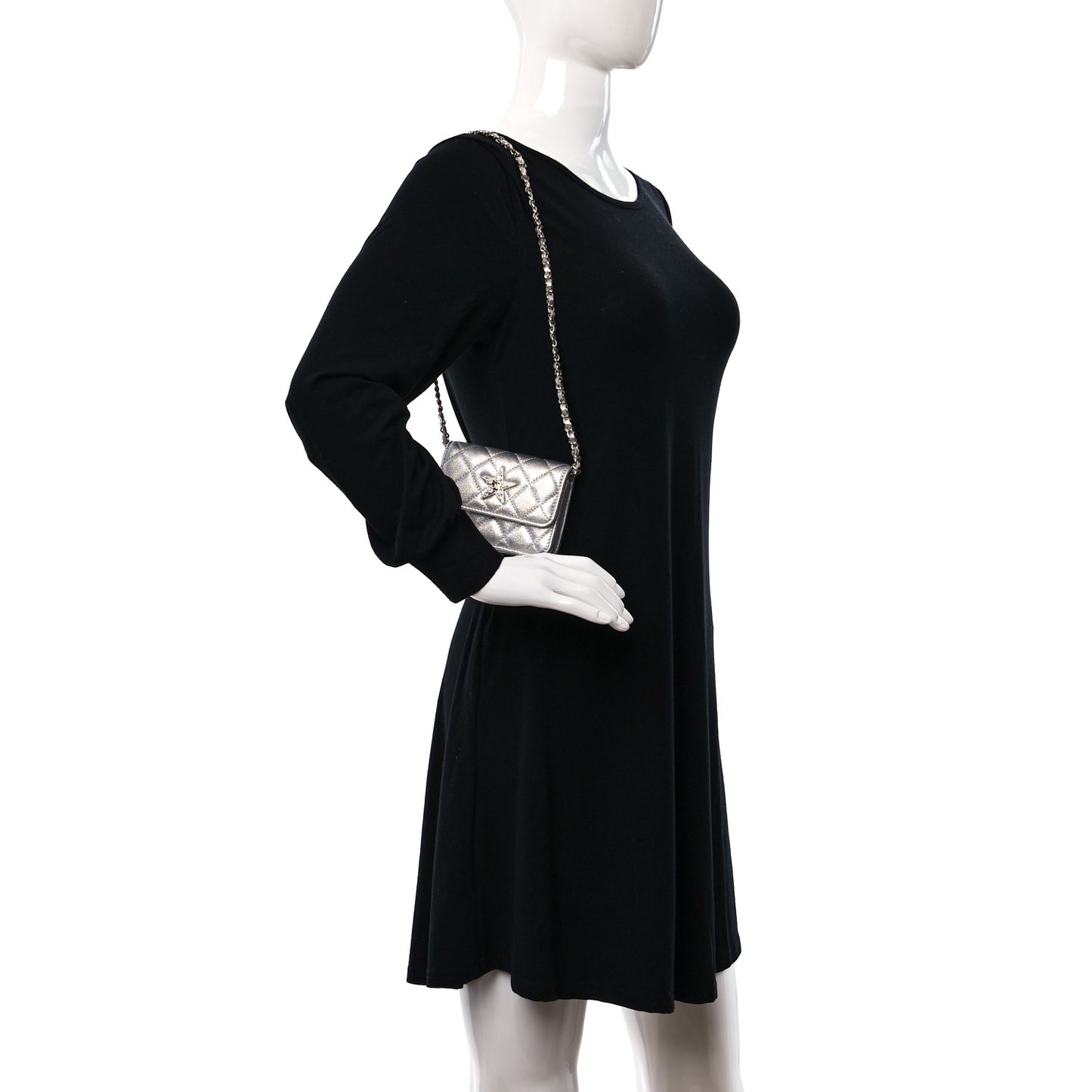 Metallic Goatskin Quilted Crystal CC Walk Of Fame Clutch With Chain Silver