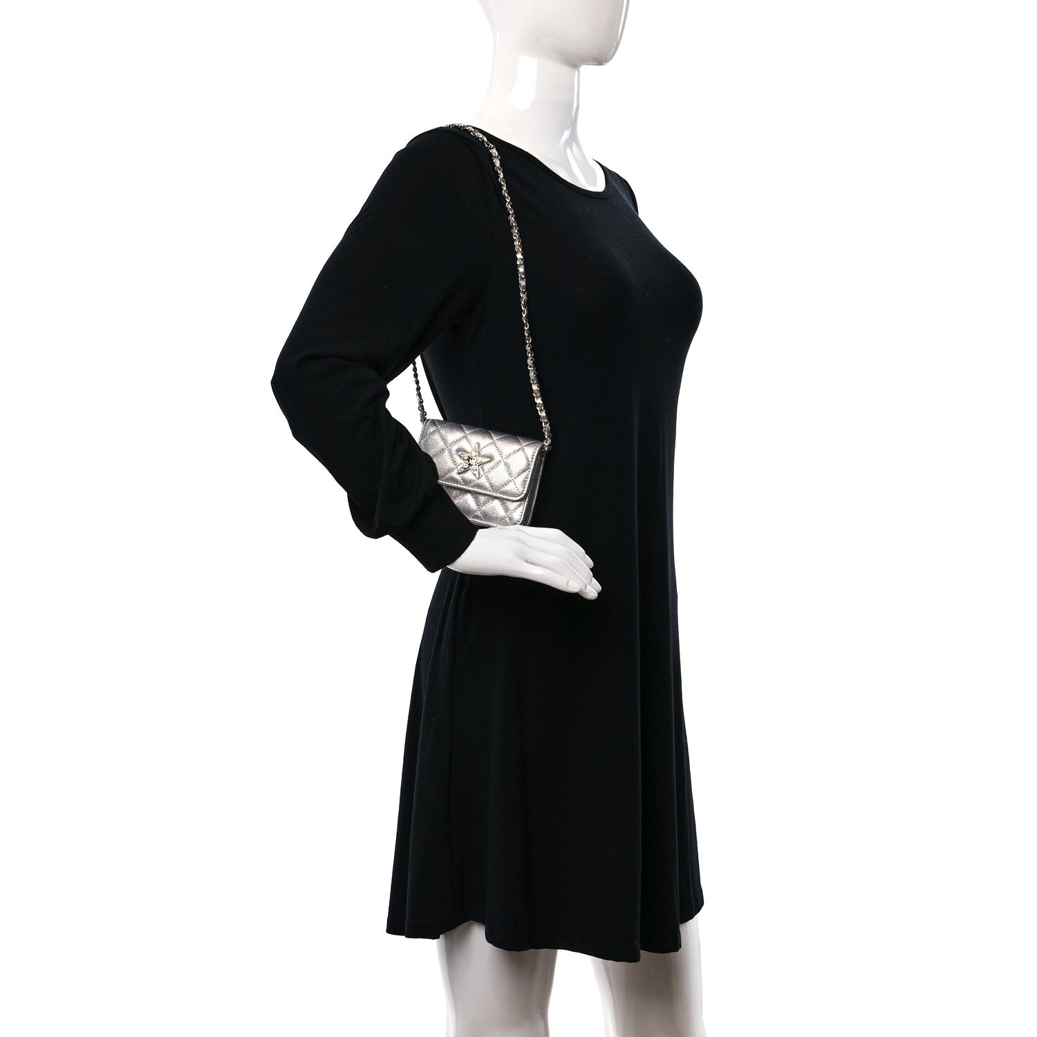 Chanel Metallic Goatskin Quilted Crystal CC Walk Of Fame Clutch With Chain Silver 3 of 10