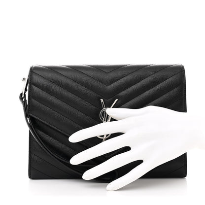 Saint Laurent Grain De Poudre Matelasse Chevron Monogram Envelope Clutch Black 2 of 10