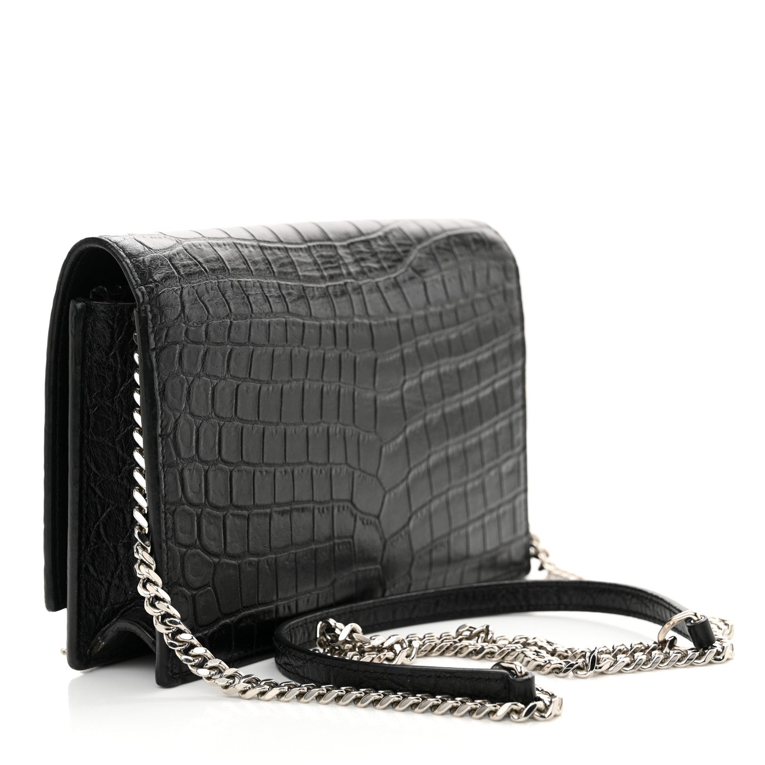Saint Laurent Calfskin Crocodile Embossed Kate Monogram Tassel Chain Wallet Black 3 of 13
