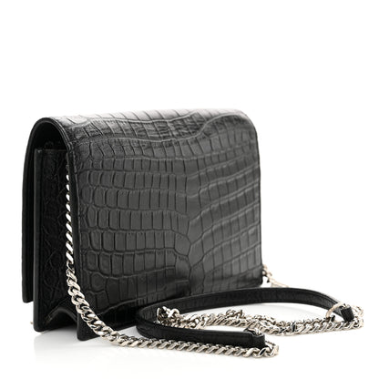 Saint Laurent Calfskin Crocodile Embossed Kate Monogram Tassel Chain Wallet Black 3 of 13