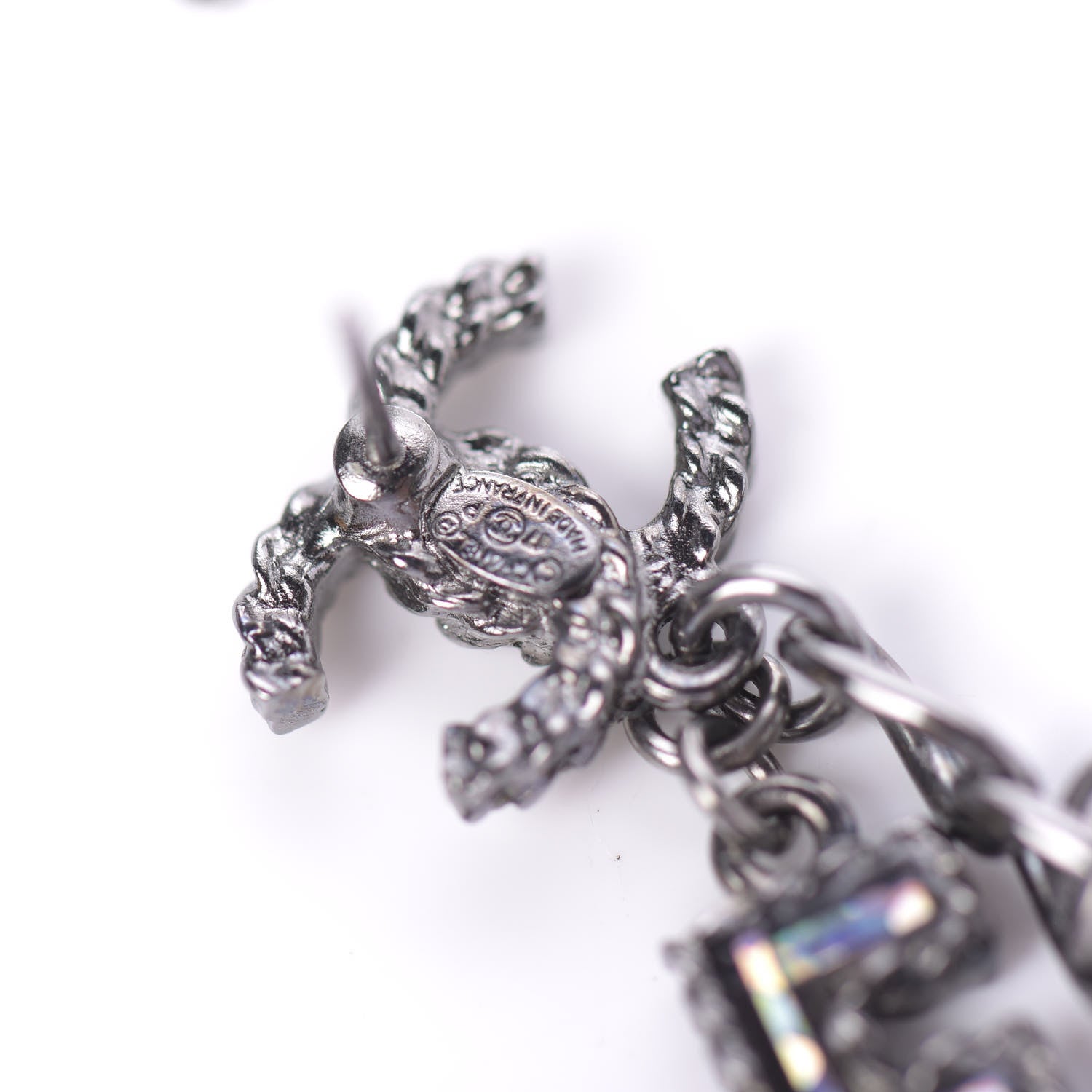 Chanel Crystal Enamel Logo Chain Drop Earrings Silver 5 of 6