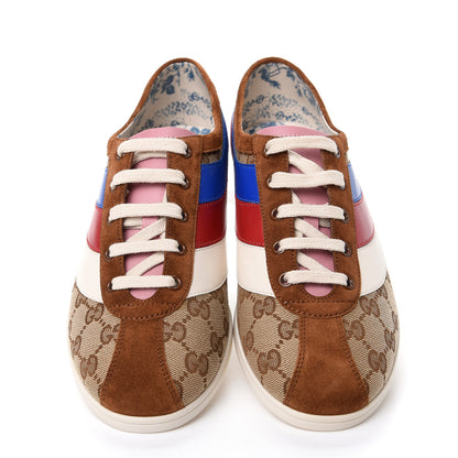 Gucci Suede Monogram Web Womens Falacer Sneakers 40 Nocciola Beige Mystic White Hibiscus Red 5 of 10