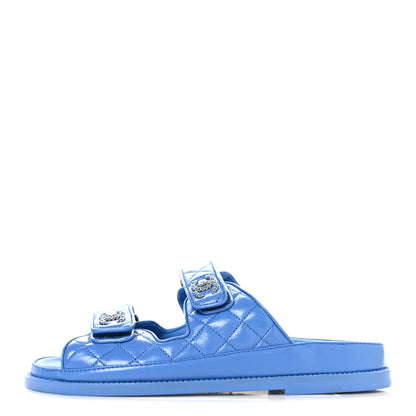 Chanel Lambskin Quilted Velcro Dad Chain CC Slide Sandals 37 Blue 1 of 10