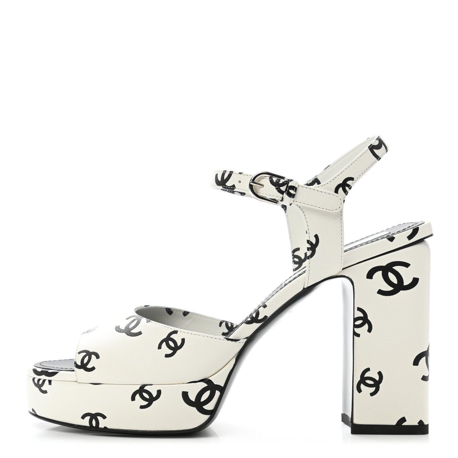 Chanel Printed Lambskin Coco Beach Platform Sandals 38.5 White Black 1 of 9