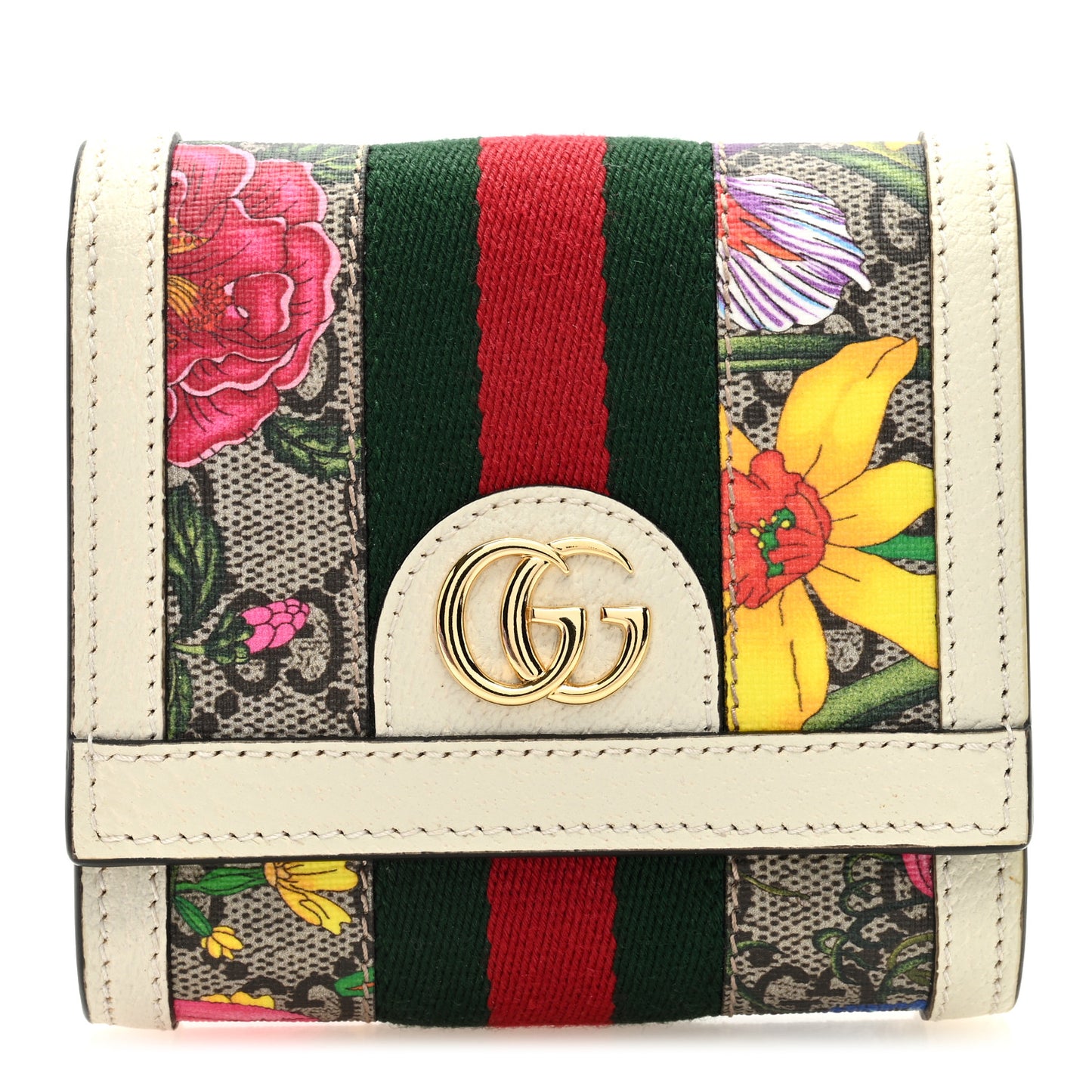 GG Supreme Monogram Flora Textured Calfskin Web Ophidia Card Case Wallet Beige Ebony Multicolor Mystic White