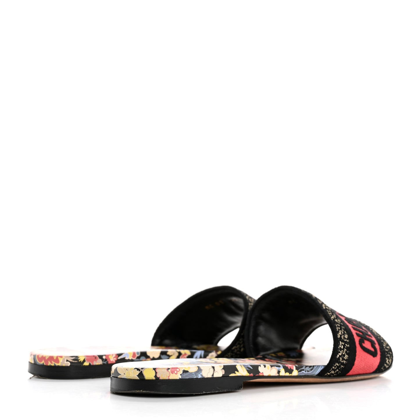Canvas Toile de Jouy Pop Embroidered Dway Flat Slide Sandals 36.5 Black Multicolor