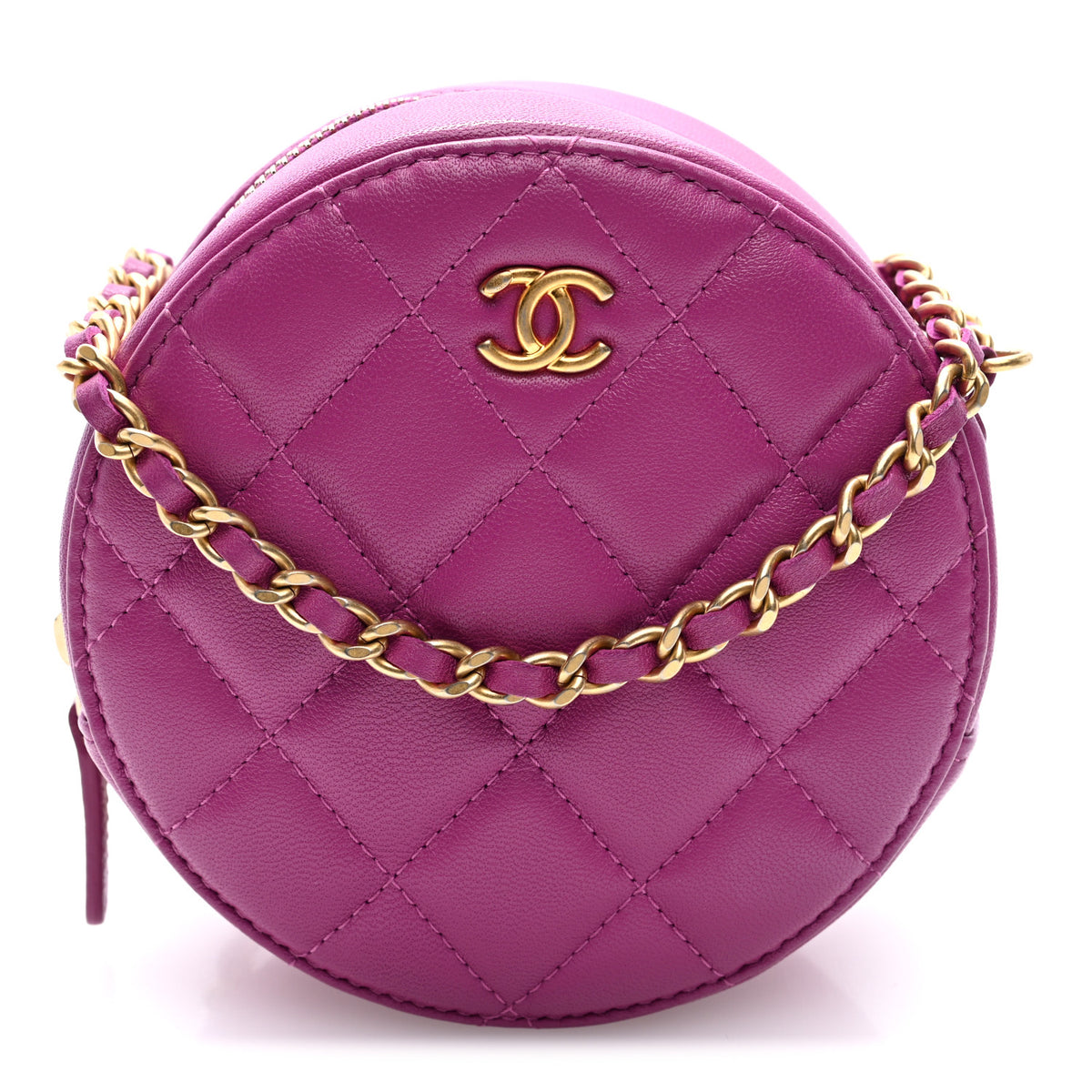Lambskin Quilted Round Pearl Crush Clutch With Chain Purple
