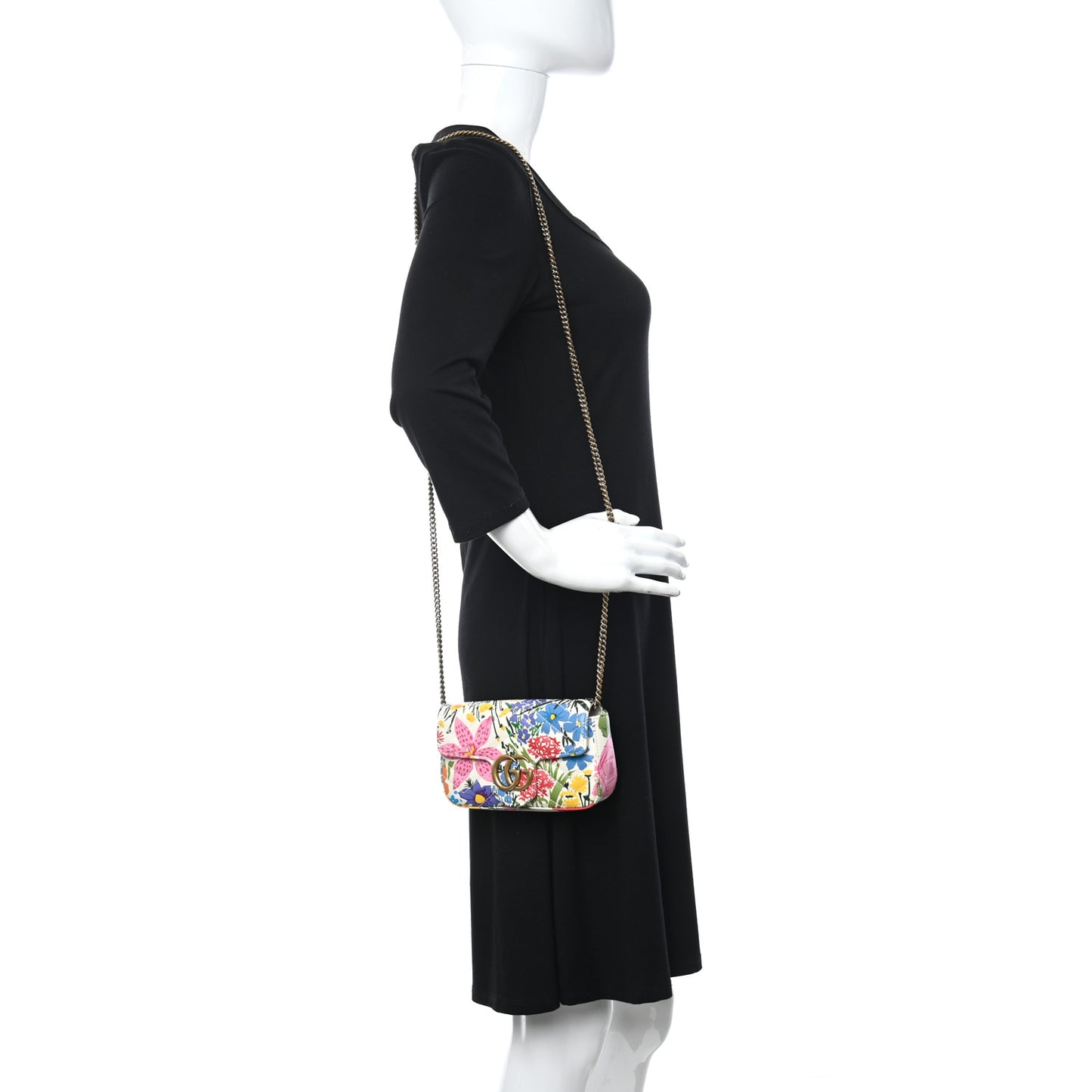 X KEN SCOTT Calfskin Matelasse Floral Print Super Mini GG Marmont Shoulder Bag Ivory Pink