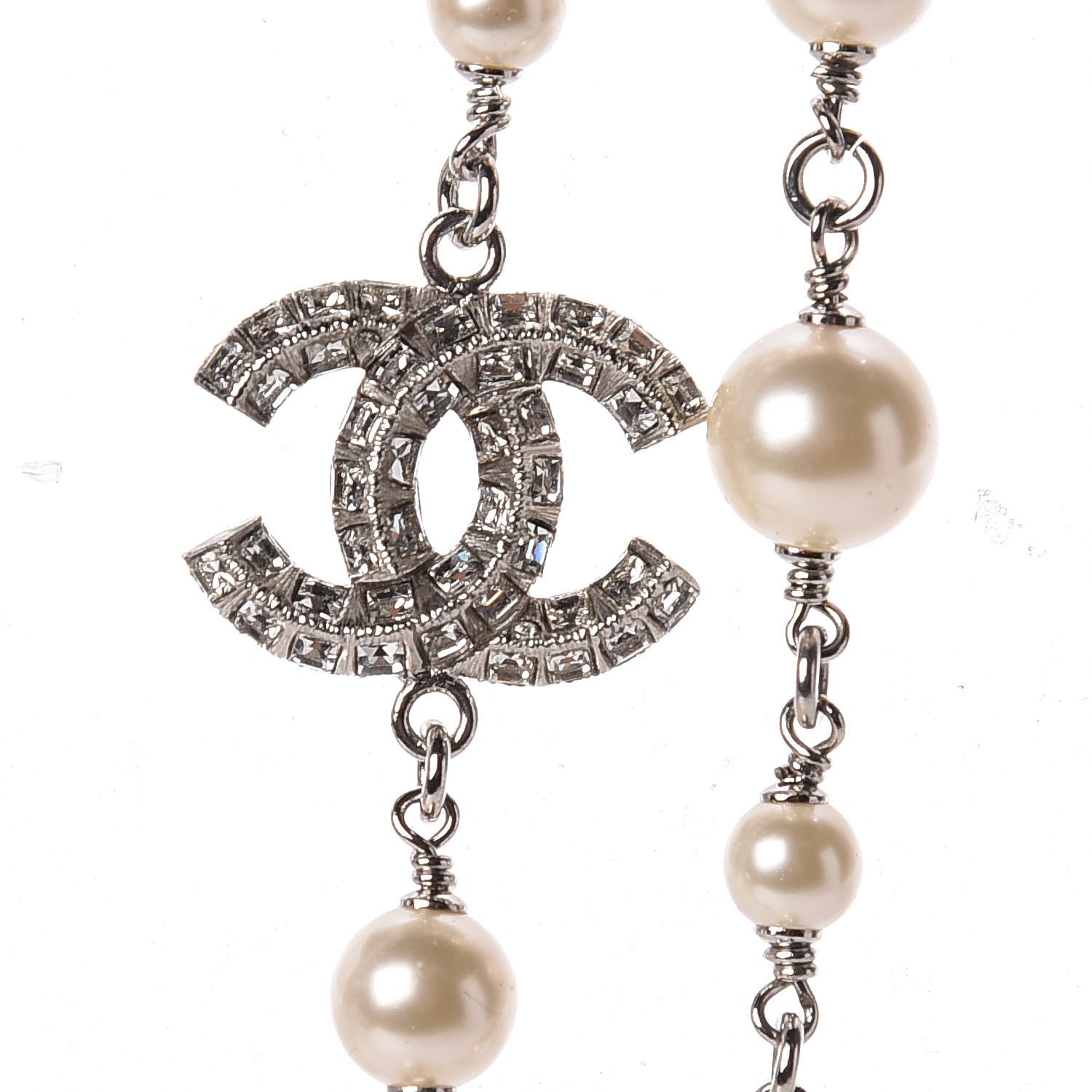 Chanel Pearl Baguette CC Long Necklace Silver 5 of 8