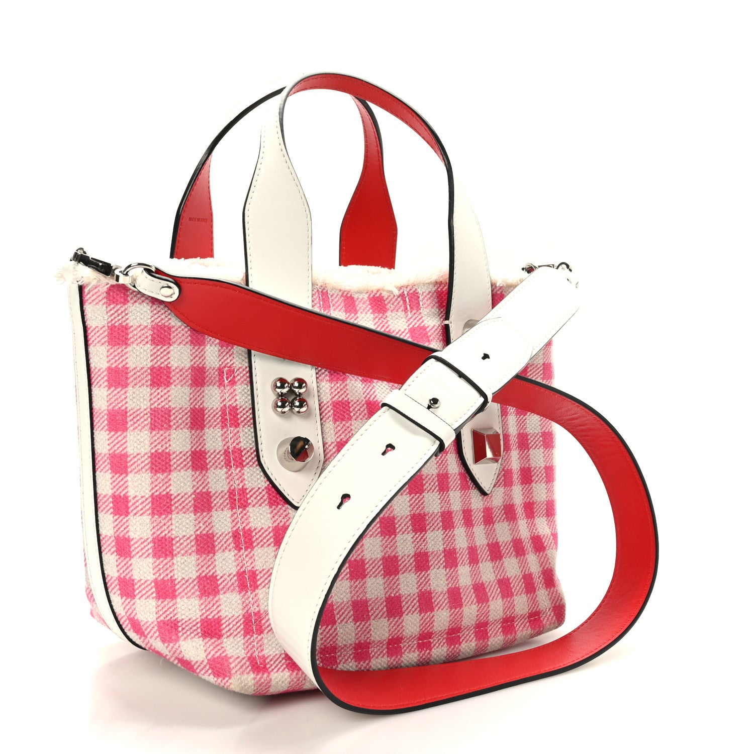 Christian Louboutin Canvas Gingham Printed Mini Frangibus Tote Pink White 3 of 7