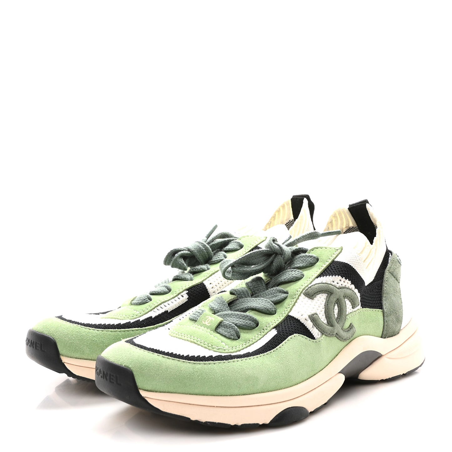 Knit Suede Fabric Womens CC Sneakers 41 Green Dark Green White Black