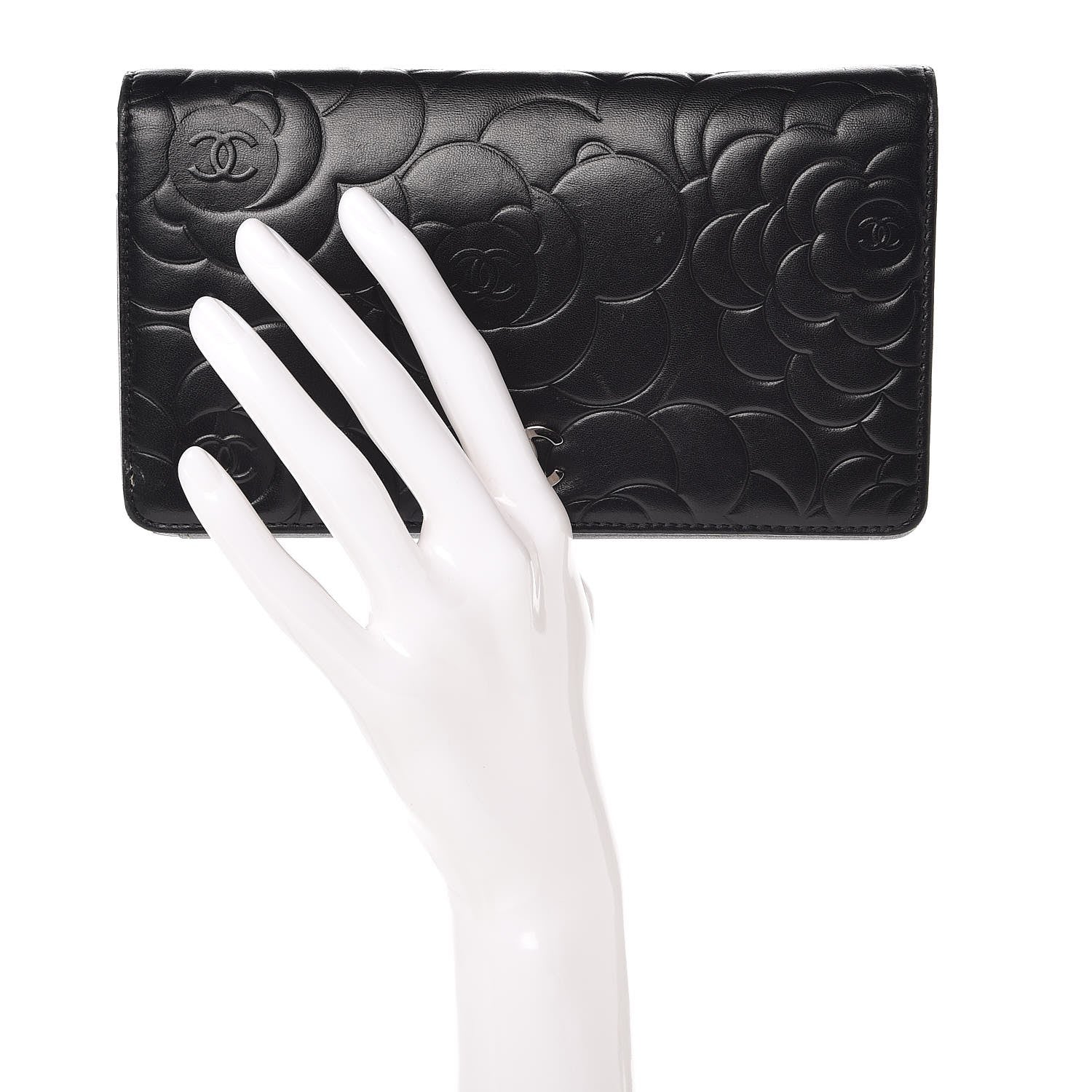 Chanel Lambskin Camellia Embossed Yen Wallet Black 2 of 8