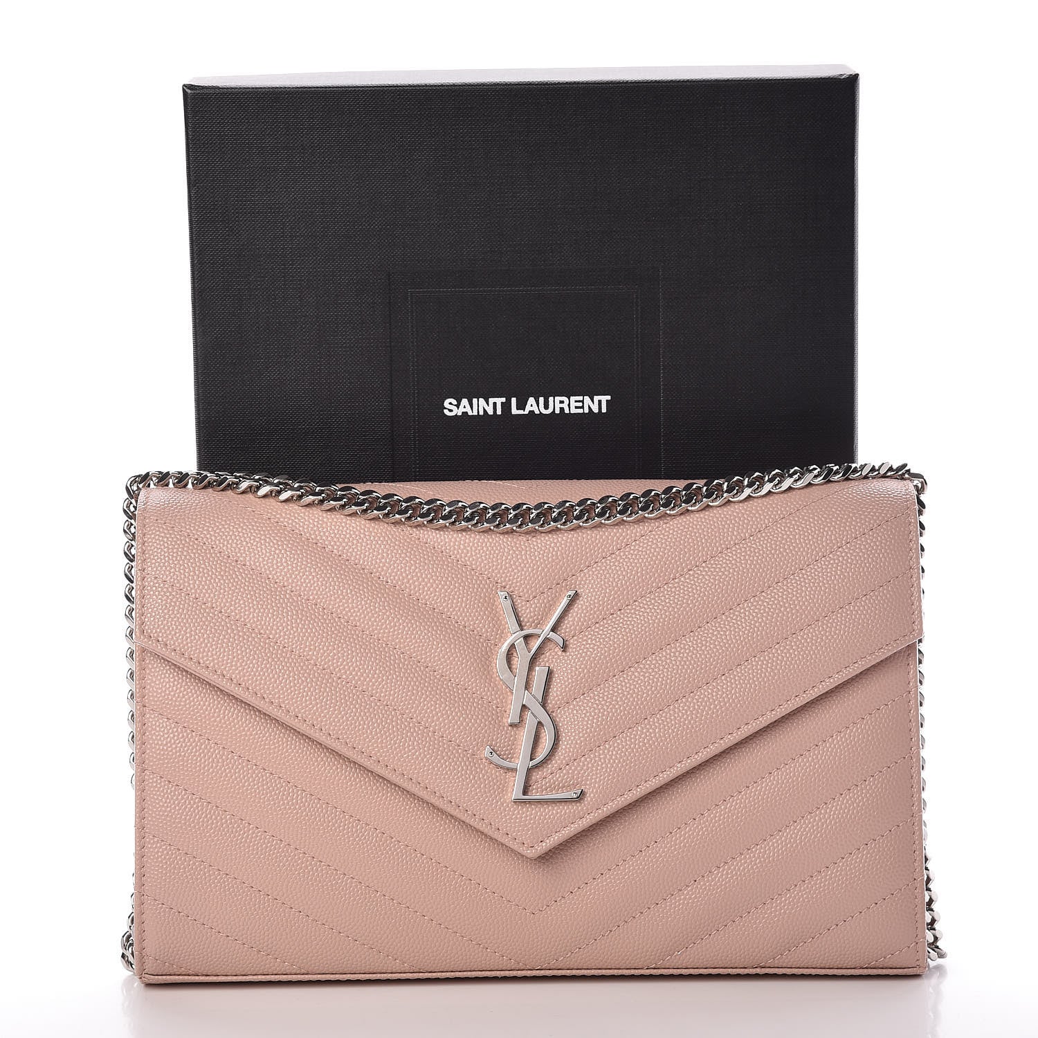 Saint Laurent Grain De Poudre Matelasse Chevron Monogram Chain Wallet Pale Pink 9 of 9