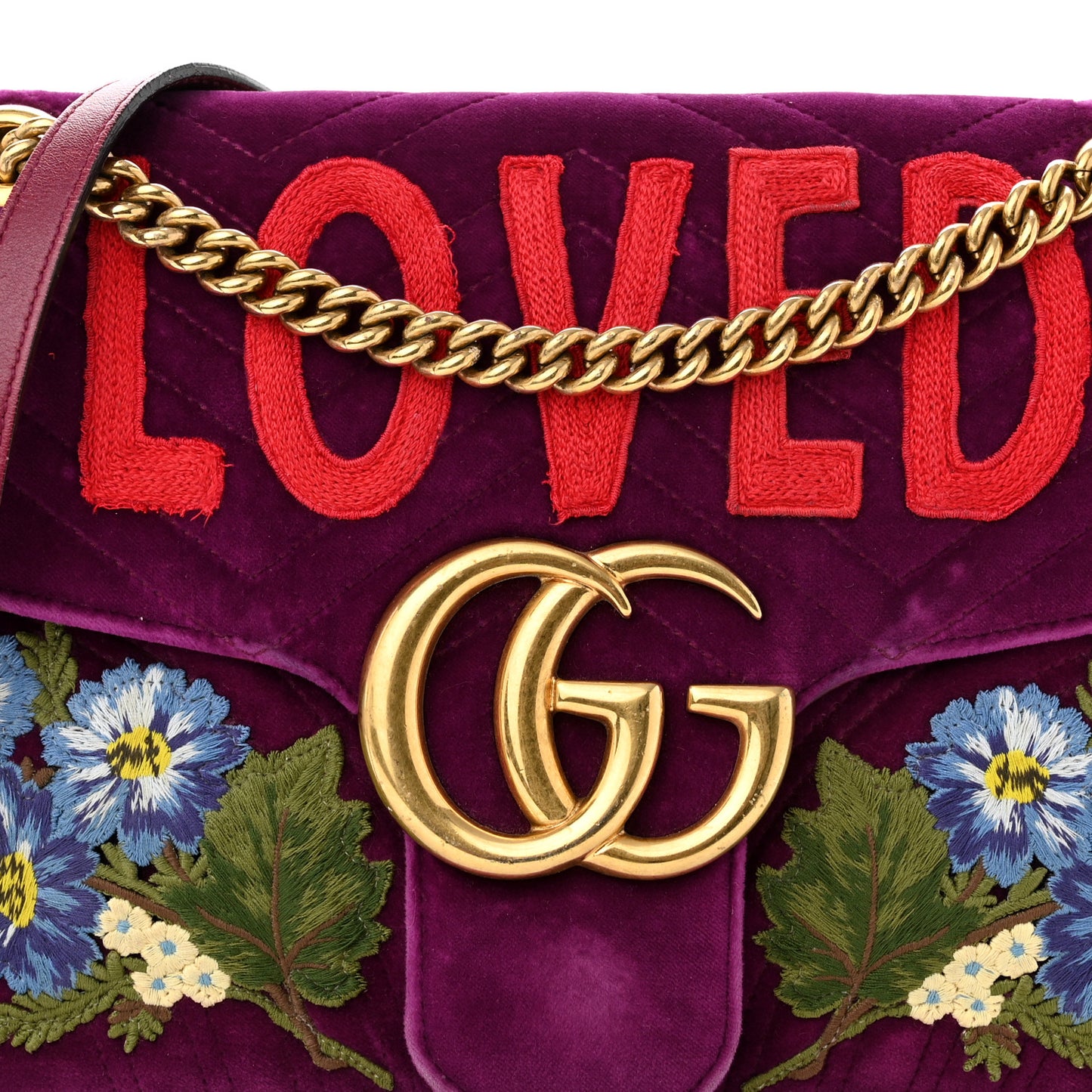 Velvet Matelasse Loved Embroidered Medium GG Marmont Shoulder Bag Fuchsia Violet Cyclamen