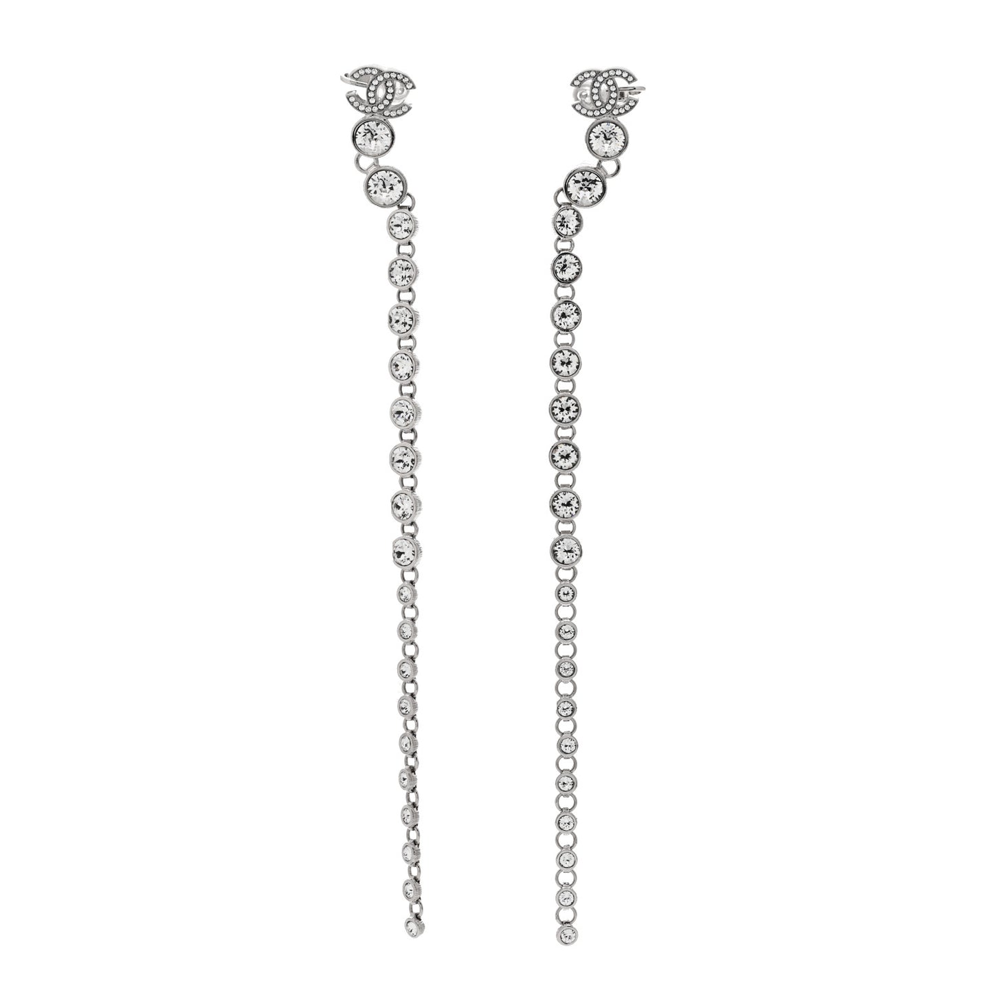 Metal Crystal CC Long Drop Earrings Silver