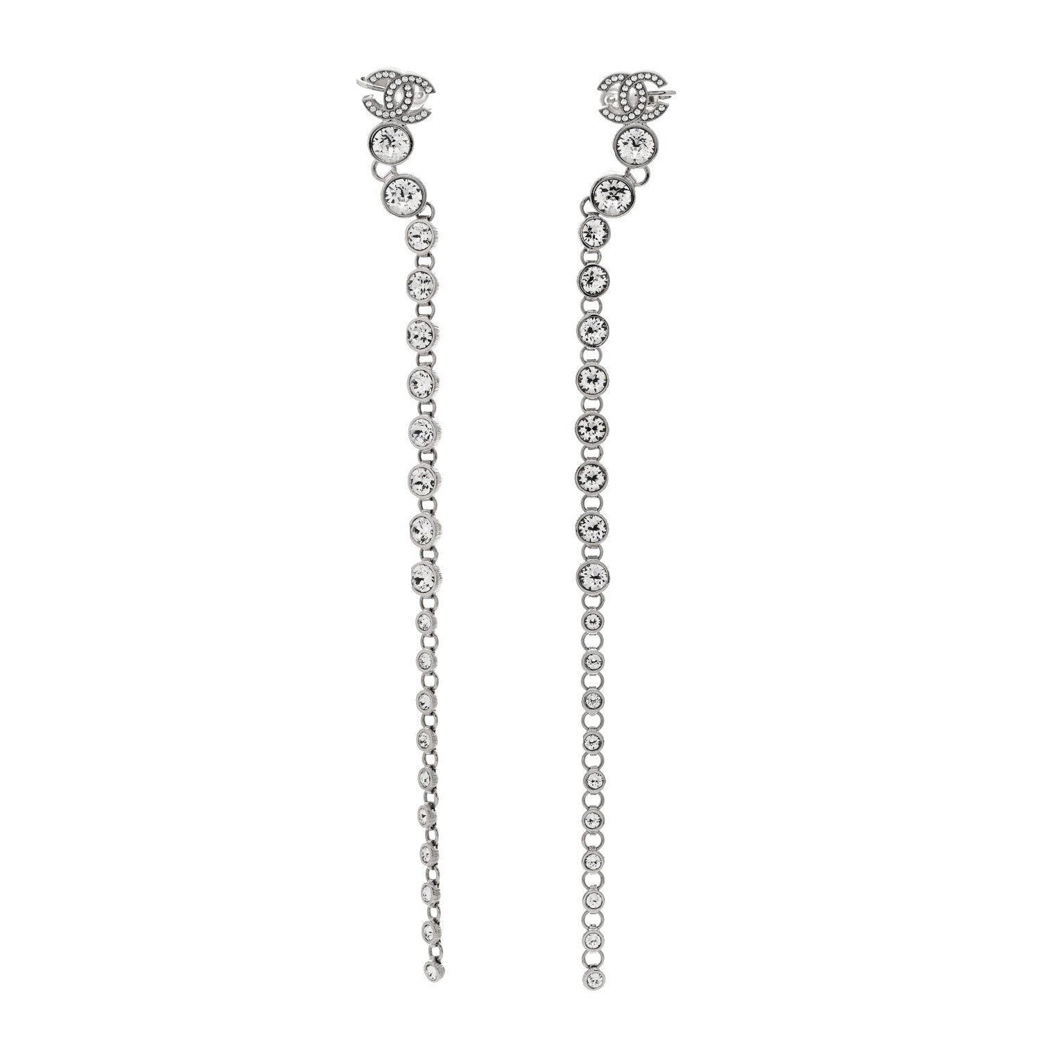 Chanel Metal Crystal CC Long Drop Earrings Silver 1 of 4