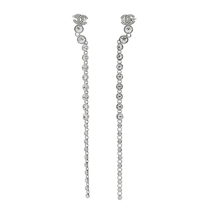 Chanel Metal Crystal CC Long Drop Earrings Silver 1 of 4