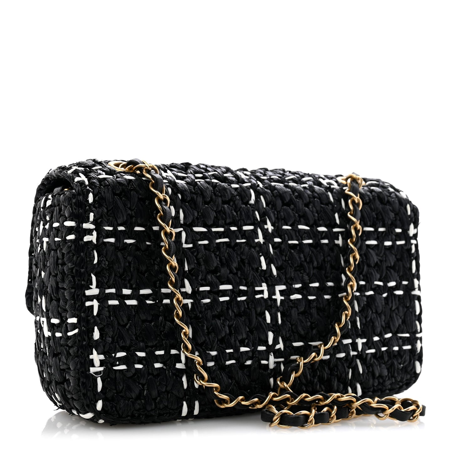 Raffia Effect Medium Tweedy Flap Bag Black White