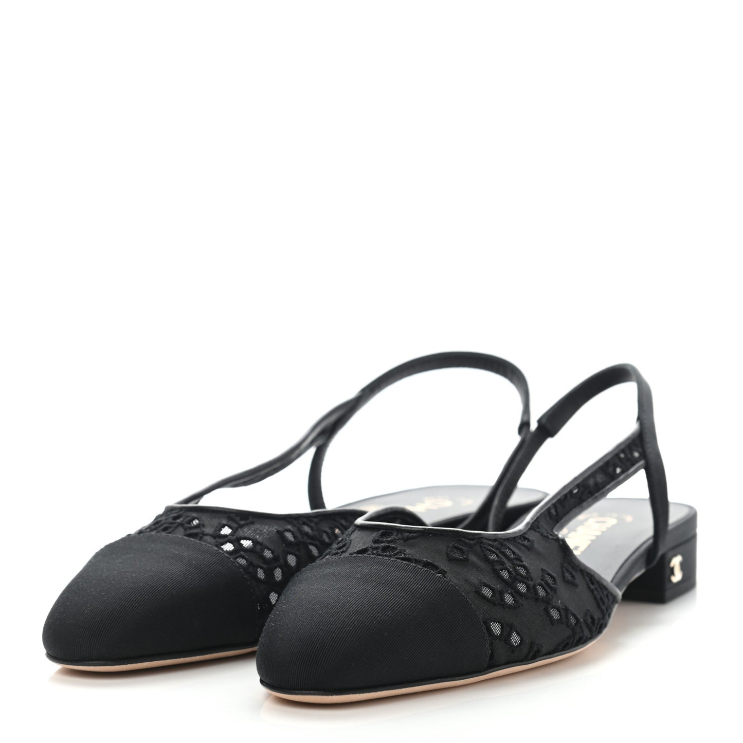 Tweed Cotton Grosgrain Cap Toe CC Slingback Flats 38 Black