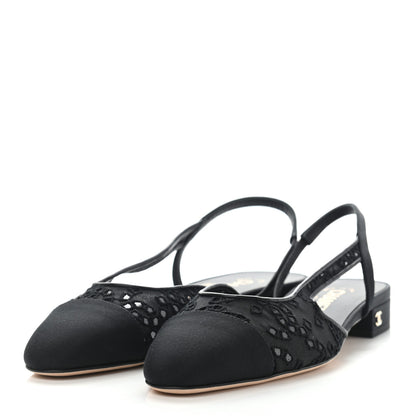 Chanel Tweed Cotton Grosgrain Cap Toe CC Slingback Flats 38 Black 3 of 6