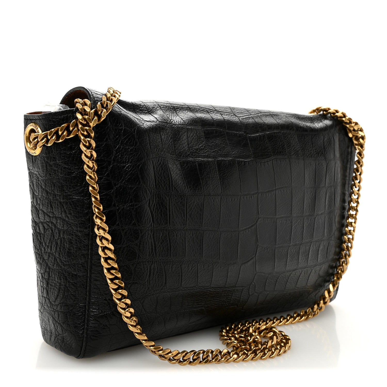 Saint Laurent Calfskin Crocodile Embossed Suede Medium Reversible Monogram Kate Satchel Military Taupe 4 of 16