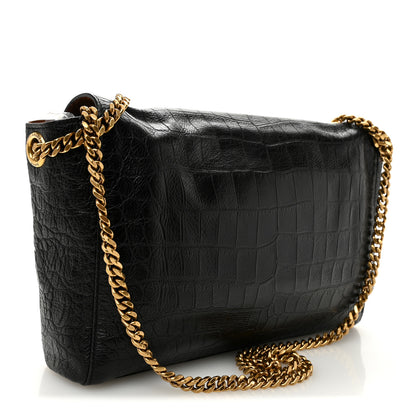 Saint Laurent Calfskin Crocodile Embossed Suede Medium Reversible Monogram Kate Satchel Military Taupe 4 of 16