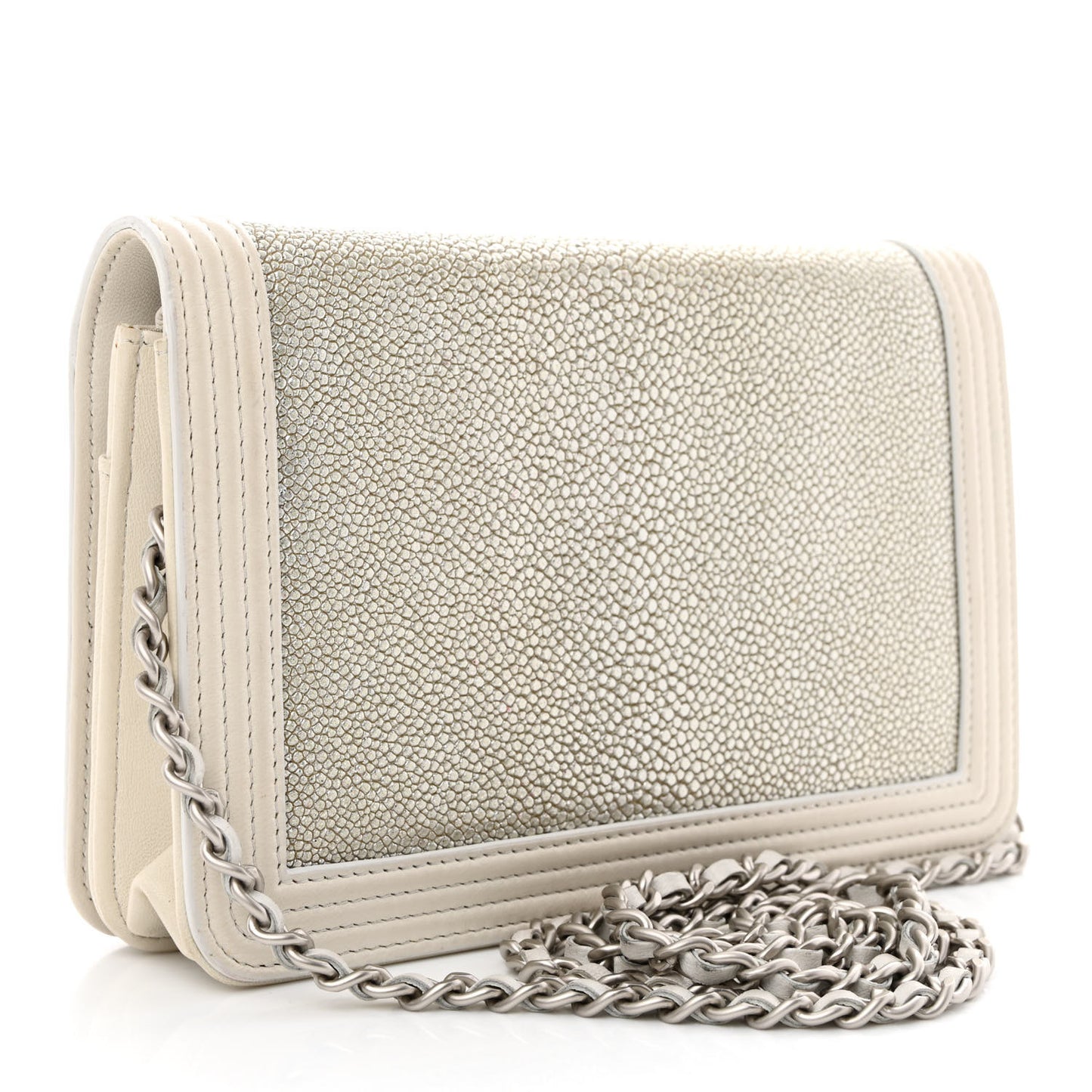 Metallic Galuchat Stingray Lambskin Boy Wallet On Chain WOC Silver