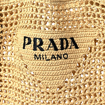 Prada Yarn Raffia Effect Crochet Logo Embroidered Tote Bag Naturale 16 of 18