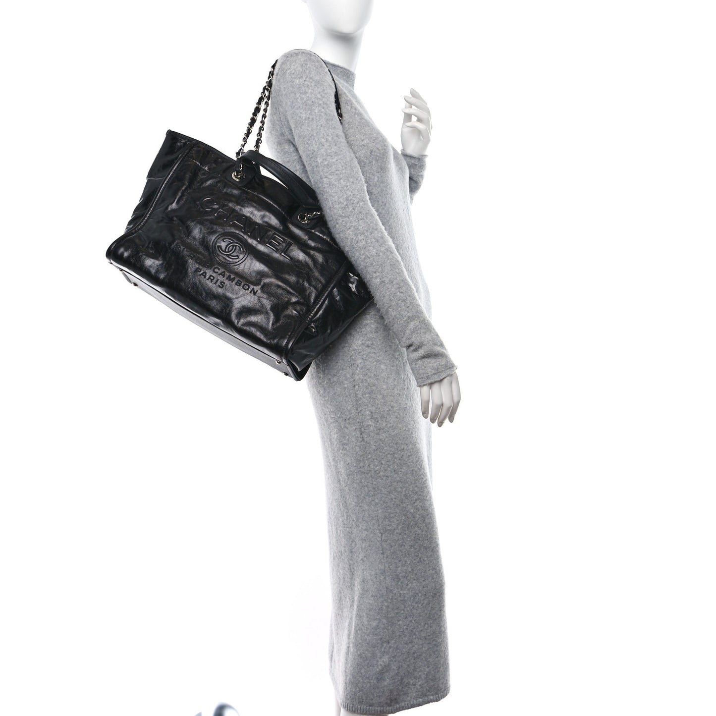 Glazed Calfskin Medium Deauville Tote Black