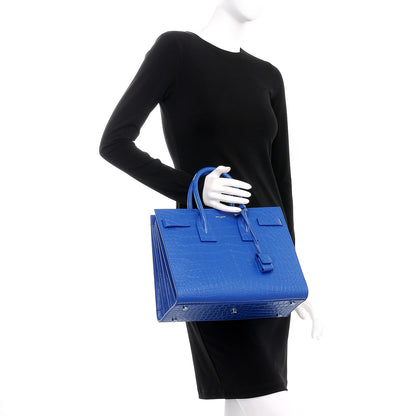 Saint Laurent Calfskin Crocodile Embossed Small Sac De Jour Royal Blue 3 of 14