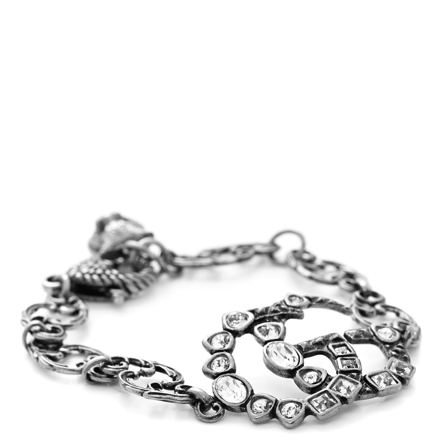 Oxidized Metal Crystal Double G Bracelet Silver