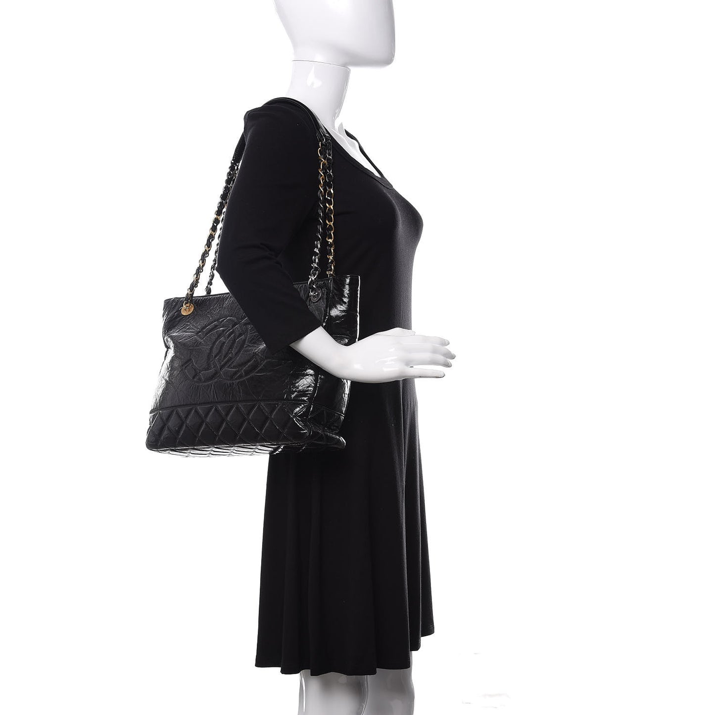Shiny Aged Calfskin Quilted Small Shopping Bag Black