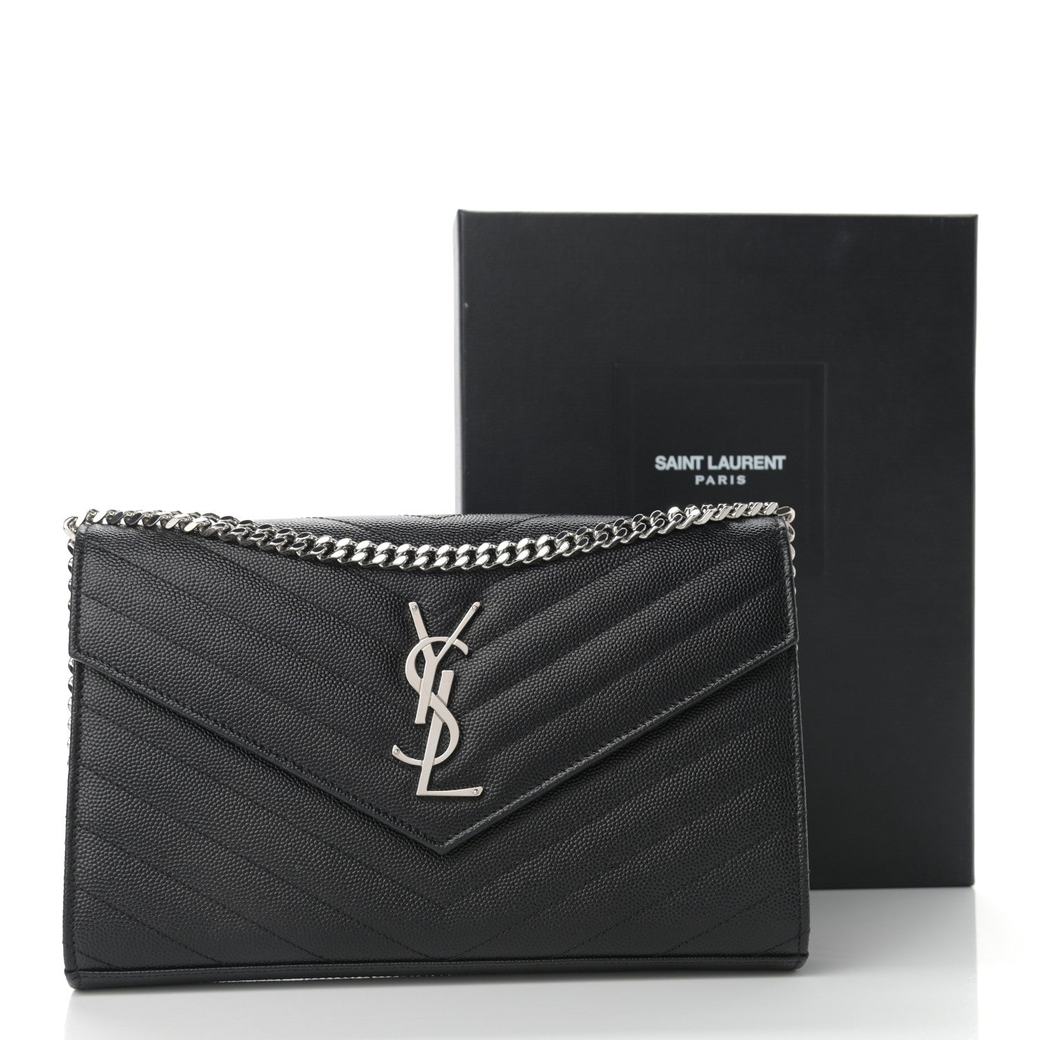 Saint Laurent Grain De Poudre Matelasse Chevron Monogram Chain Wallet Black 10 of 10