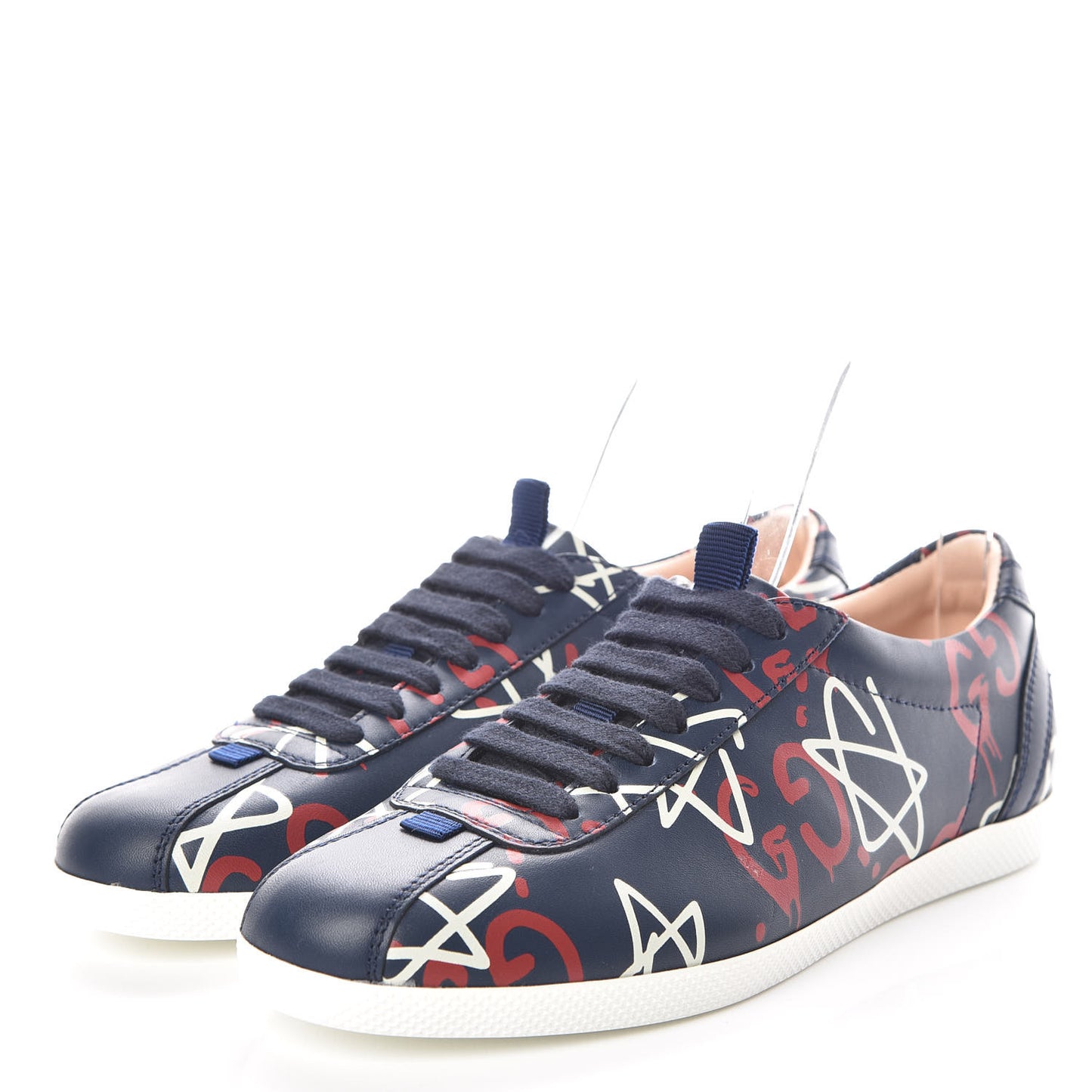 Calfskin GucciGhost Print Womens Low Top Sneakers 35.5 Blue Agata Hibiscus Red
