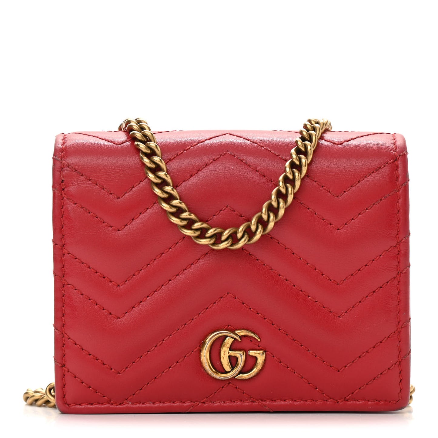 Calfskin Matelasse Mini GG Marmont Wallet On Chain Hibiscus Red