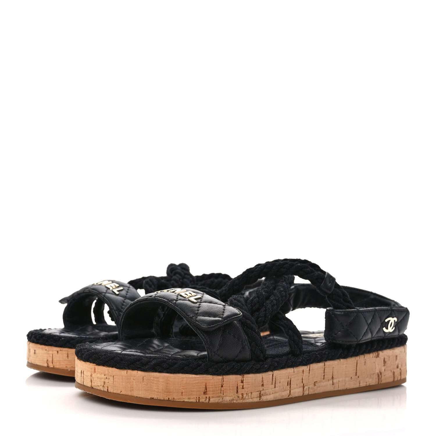 Chanel Cord Lambskin Quilted Logo Sandals 38 Black 3 of 8