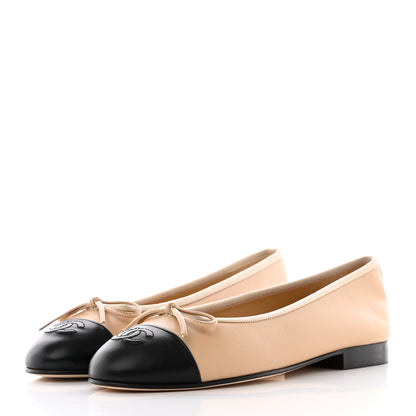 Chanel Lambskin Cap Toe CC Ballerina Flats 37.5 Beige Black 3 of 13