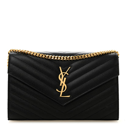 Saint Laurent Grain De Poudre Matelasse Chevron Monogram Chain Wallet Black 1 of 10