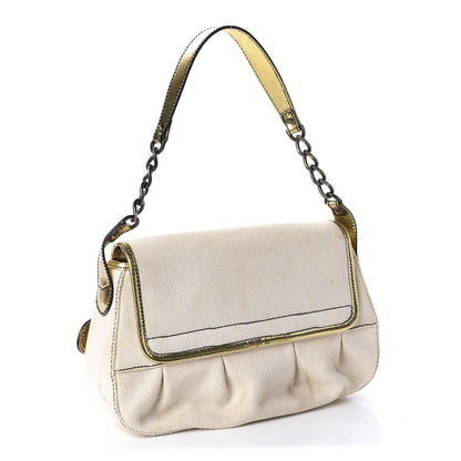 Fendi Canvas Metallic Calfskin B Bis Flap Bag Natural Gold 3 of 17