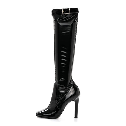 Saint Laurent Patent Stretch Crystal Buckle Lala 105 Tall Boots 37.5 Black 1 of 7